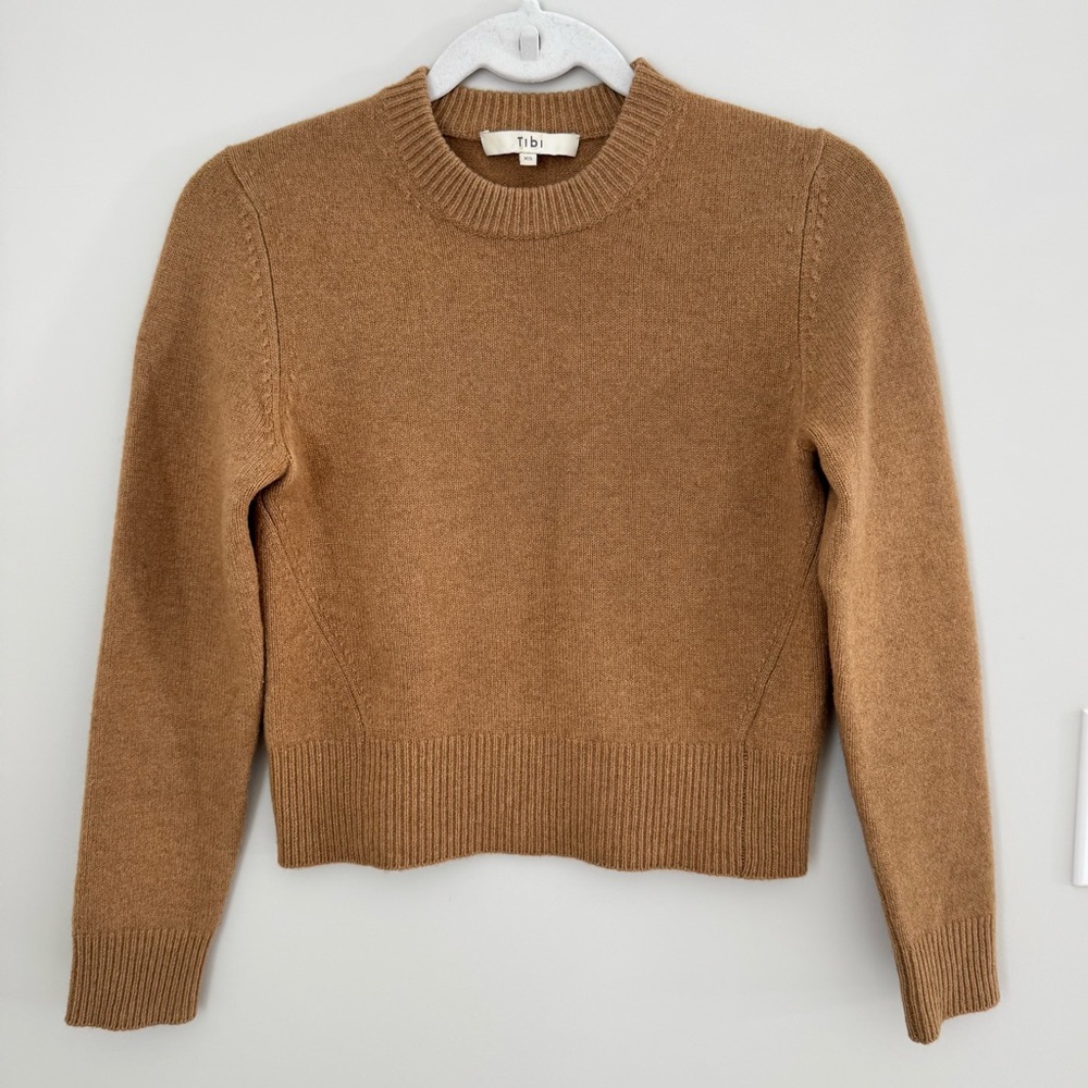 Tibi Cashmere crewneck crop pullover sweater in camel / caramel size XS